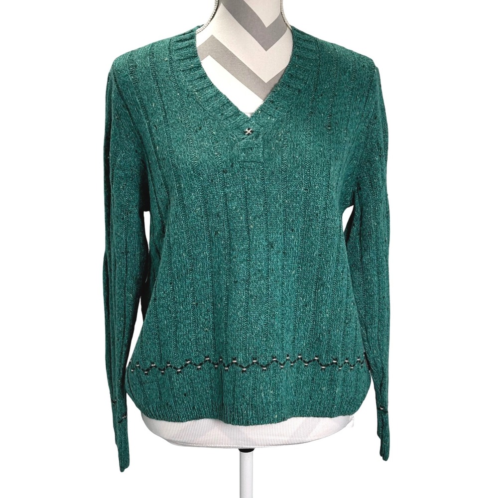 Woolrich Wool Blend Womens Ribbed Knit Sweater Green Heather V Neck‎ Medium